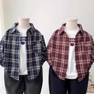 男童春装长袖衬衫2026新款儿童洋气时髦格子薄款衬衣男孩春秋上衣