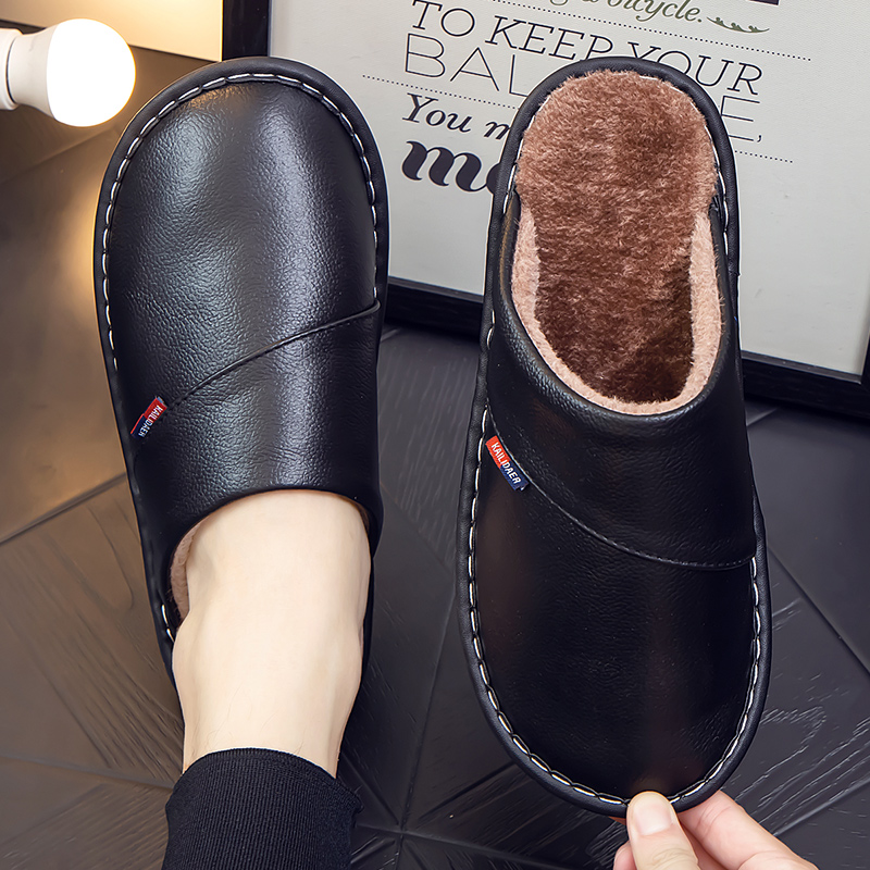 牛皮棉拖鞋男女情侣居家防滑保暖室内木地板家居包头真皮拖鞋冬季