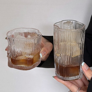 小众复古竖纹不规则水杯冰美式拿铁杯咖啡杯冷萃杯饮品杯玻璃杯