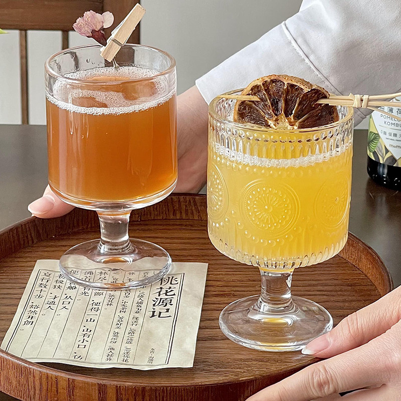 复古ins太阳花高脚杯玻璃杯高颜值热红酒杯鸡尾酒杯饮料果汁杯子