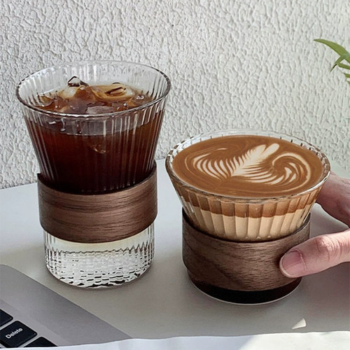 挂耳咖啡杯束腰杯套日式玻璃杯美式拿铁竖纹茶杯ins风高颜值水杯