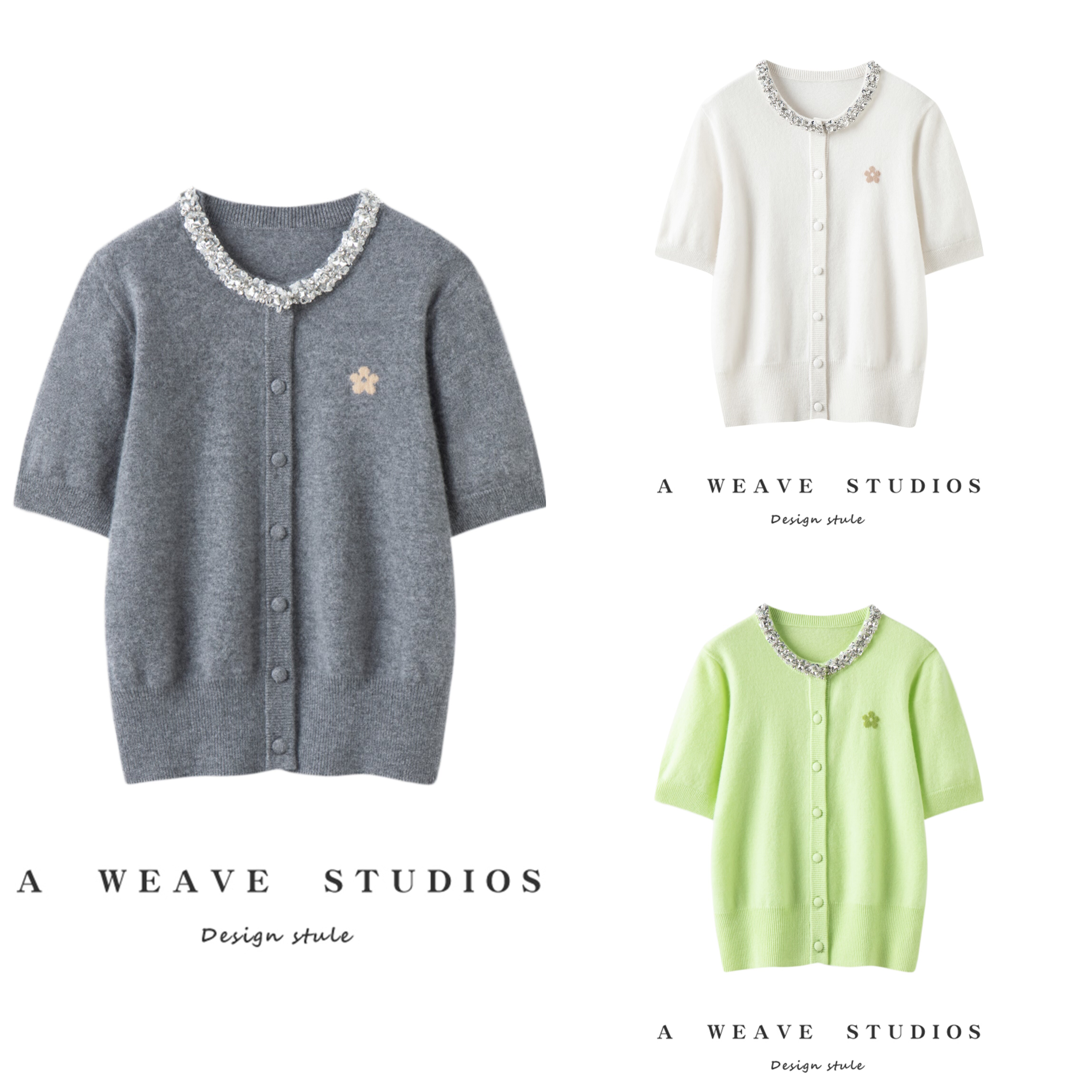 精致重工100%纯山羊绒短袖开衫领口镶钻针织衫外套宽松时尚百搭