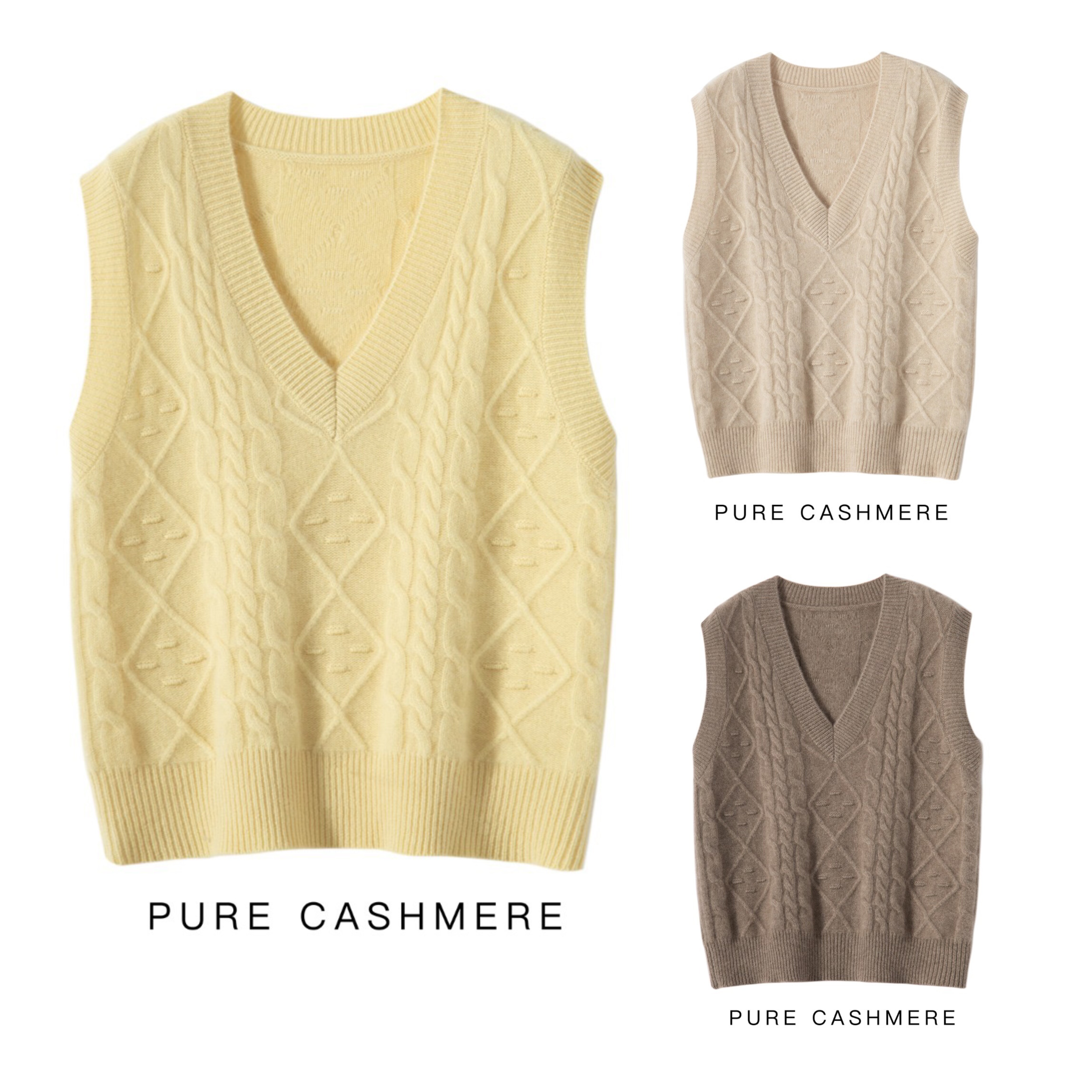 复古 100%纯山羊绒V领套头女背心经典绞花大码时尚针织叠穿坎肩