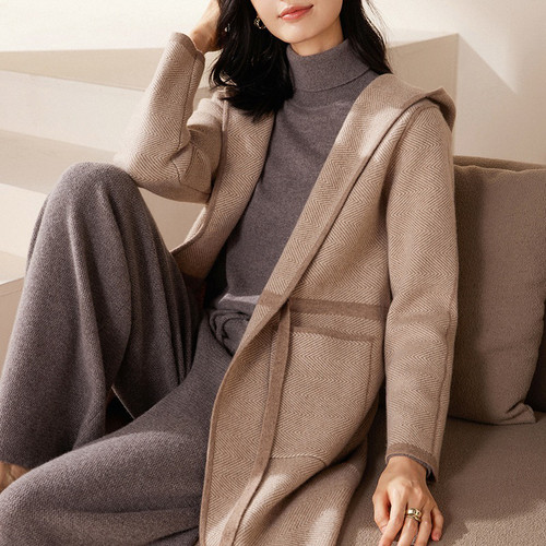 Pure cashmere高奢100%纯山羊绒大衣连帽人字纹气质针织中长外套