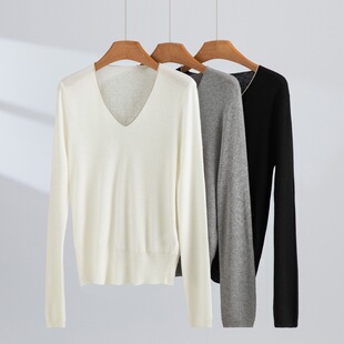 极简风精纺100%纯羊毛领口镶钻V领长袖修身针织衫洋气款气质毛衣