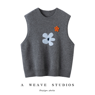 匠心工艺手工花朵刺绣100%纯山羊绒圆领灰色马甲针织套头坎肩外穿