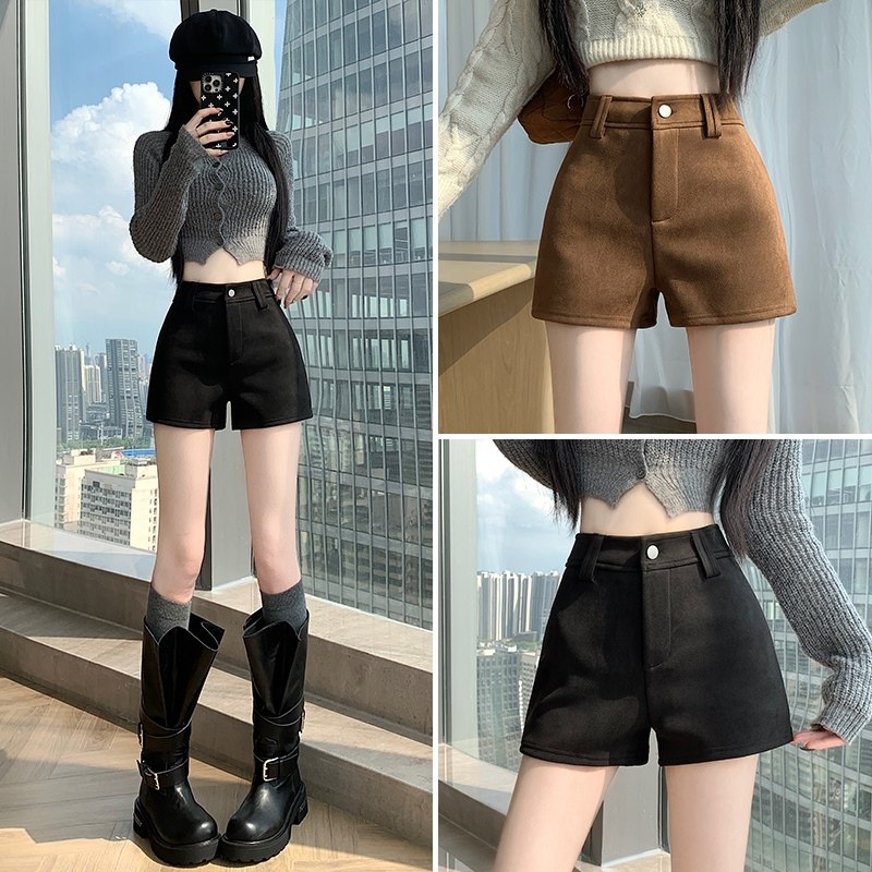 2025秋冬新款鹿皮绒黑色包臀短裤