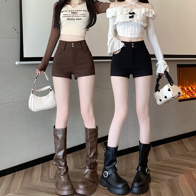 黑色百搭简约弹力紧身短裤女2025夏季高腰显瘦包臀热裤打底靴裤子