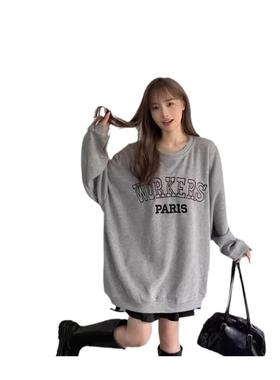 加绒圆领无帽套头灰色甜酷中长款遮pp卫衣女春秋薄款宽松下衣失踪
