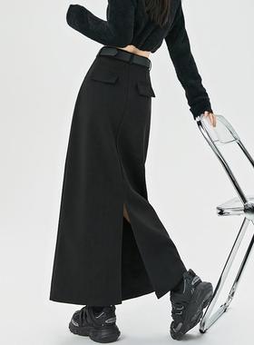 黑色毛呢半身裙女秋冬季2025新款加绒高腰a字直筒包臀开叉长裙子