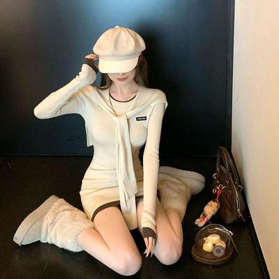 纯欲风秋冬长袖披肩针织新款修身显瘦撞色气质两件打底连衣裙短裙