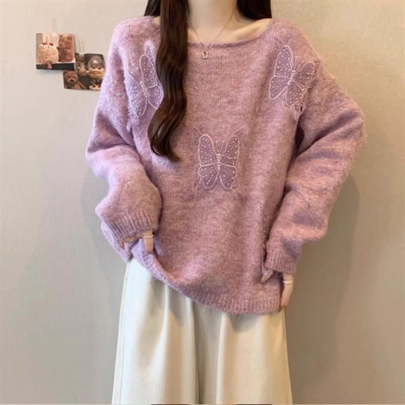 宽松立体蝴蝶亮片针织衫慵懒春秋圆领高级套头毛衣上衣春秋冬新款