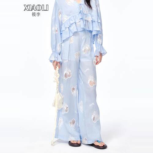 XIAOLI筱李 春夏新款时尚宽松柠檬刺绣镂空绣花休闲裤长裤女