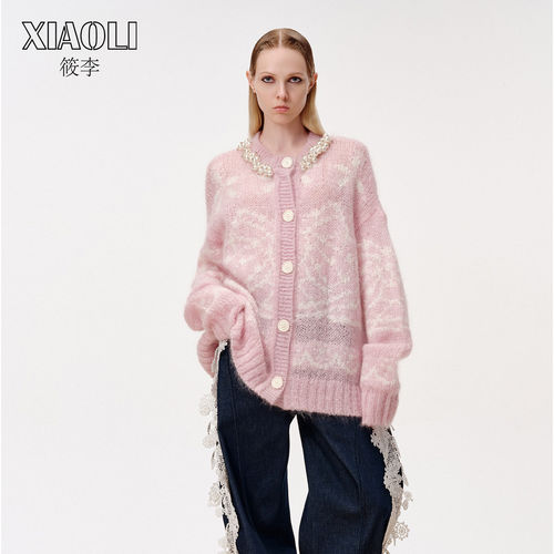 【XIAOLI筱李】罗纹圆领落肩粉色马海毛针织提花开衫女秋季新品