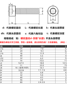 UNC美制UNF英制304不锈钢内六角螺栓粗牙细牙螺丝