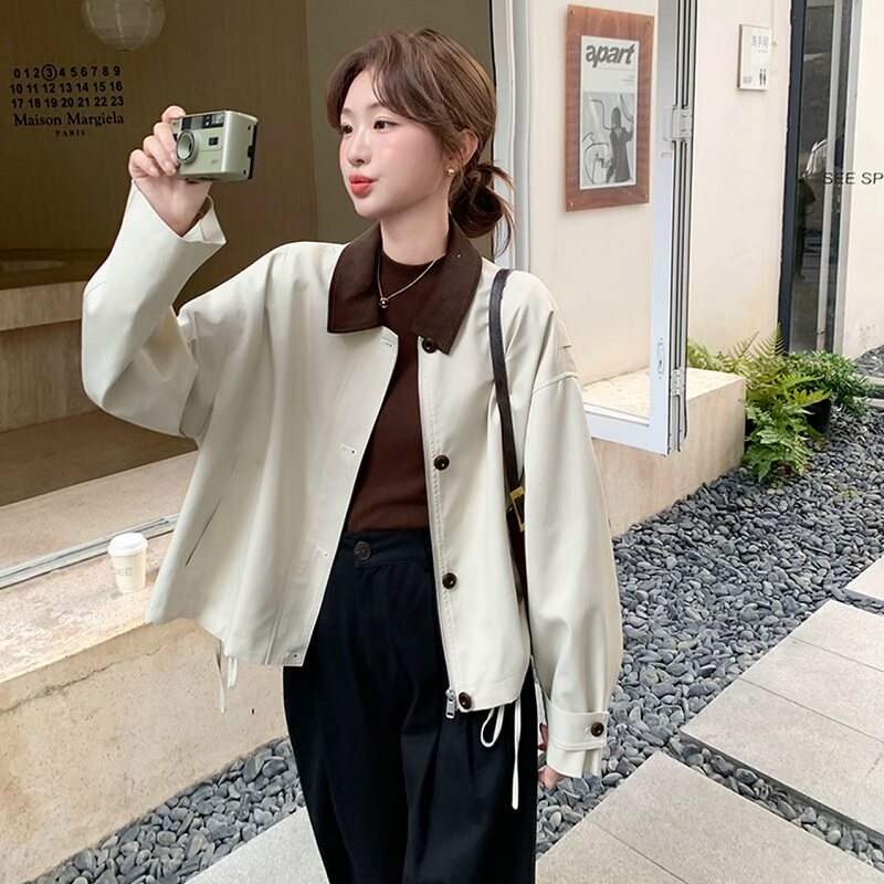 韩系2026春秋款小个子米白色外套女时尚简约撞色翻领通勤百搭夹克