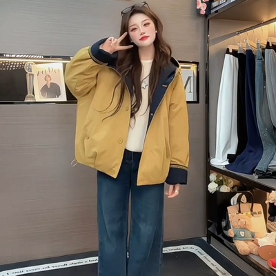 小个子秋冬款加绒加厚连帽派克服外套女2025休闲宽松显瘦夹克上衣