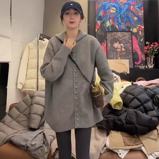 中长款灰色连帽针织开衫毛衣女秋冬慵懒高级感宽松遮屁股外穿上衣