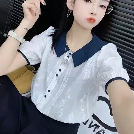 设计感拼色娃娃领短袖衬衫女2025夏款气质显瘦减龄小个子薄款小衫