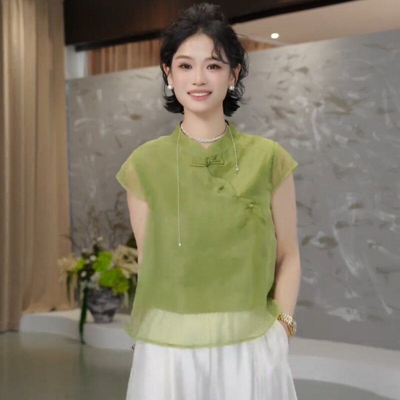 新中式立领盘扣短袖衬衫女装2026上衣女夏季轻薄透气国风禅意小衫