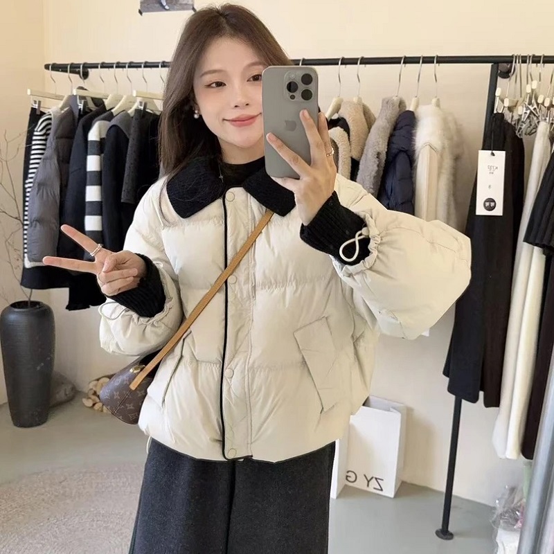 2025冬季新款撞色翻领短款羽绒服女韩系爆款小个子保暖白鸭绒外套