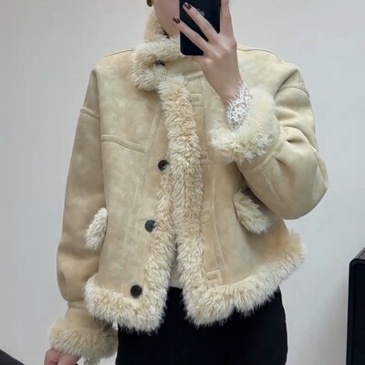 古影文复古立领短款麂皮绒外套