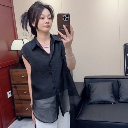 设计感时尚无袖衬衫女2025夏季新款小众宽松时尚减龄百搭洋气上衣