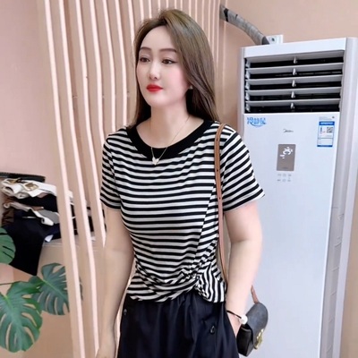 条纹短袖T恤女装2025夏季新款短款修身不规则褶皱体恤设计感上衣