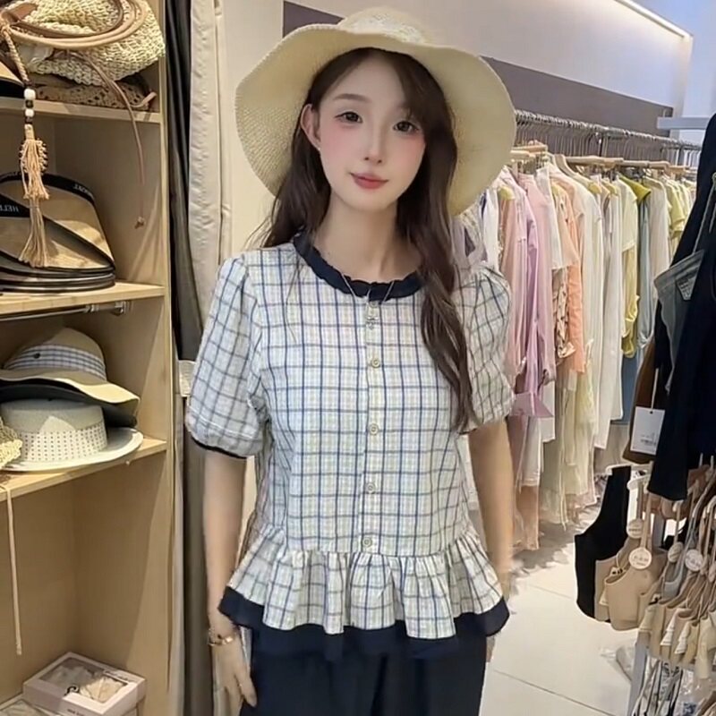 甜美减龄木耳边格子衬衫女韩系2026夏季新款撞色短袖显瘦小衫潮