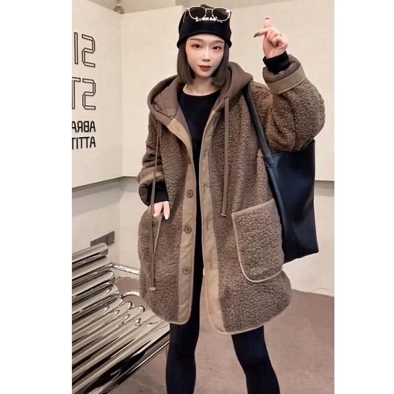2023新款羊羔毛秋冬外套加厚中长款连帽假两件连帽宽松夹棉大衣女