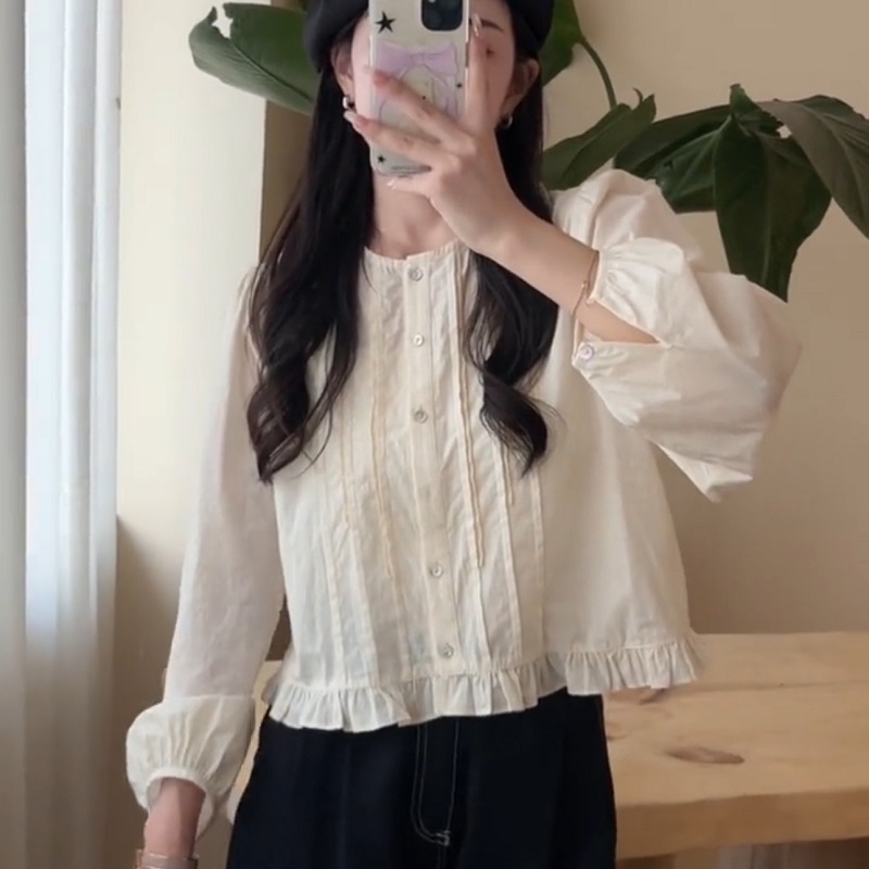 法式荷叶边短袖衬衫女春夏季设计感小众泡泡袖娃娃衫高级感上衣潮