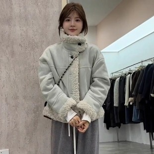 韩系皮毛一体麂皮立领加绒短外套女冬季2025新款蓝色羊羔毛夹克