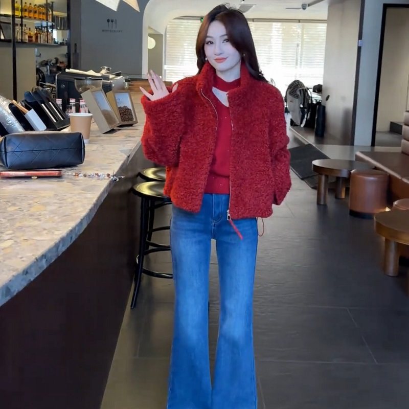 小个子短款立领皮毛一体套女2025秋冬下摆抽绳显瘦减龄羊羔毛上衣