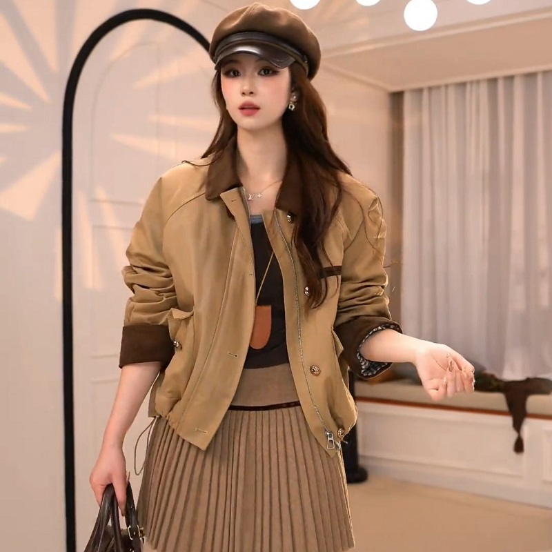美式复古灯芯绒拼接翻领夹克上衣女宽松百搭小个子巨好看夹棉外套