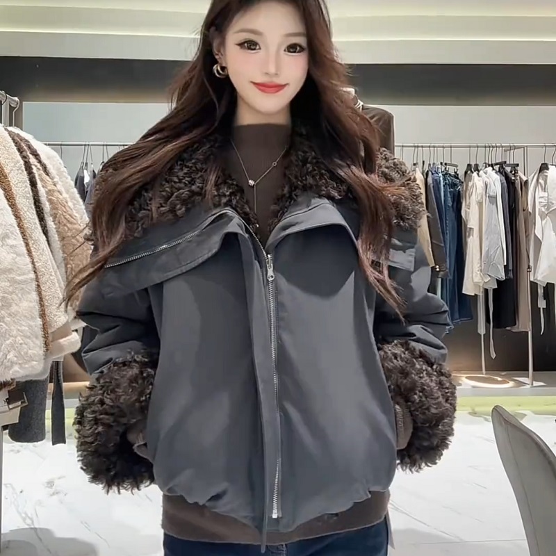 欧货大翻领加绒加厚羊羔毛外套女2025冬装新款棉服棉衣高端派克服