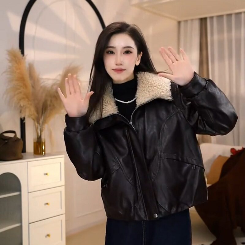 韩系仿羊羔毛翻领皮衣外套女冬2025新款流行爆款加绒加机车服棉服,女装/女士精品,短外套,淘宝优惠券,粉丝福利购,淘宝优惠卷