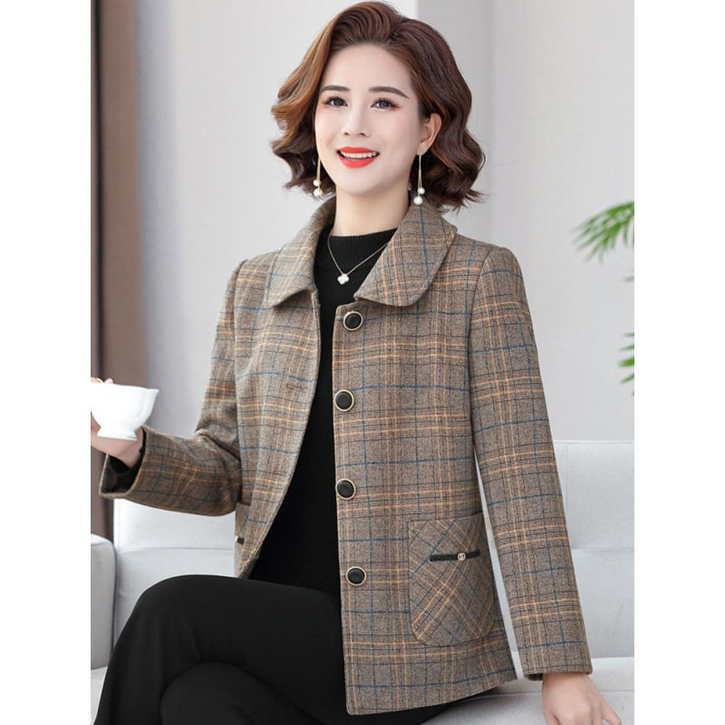 春秋新款中老年妈妈时尚洋气修身外套格子休闲气质大码上衣女装潮