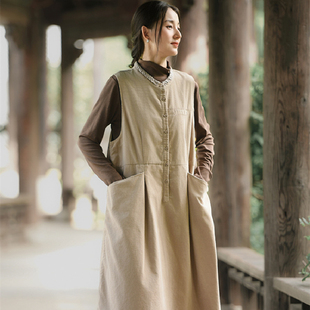 2025秋冬新款条绒无袖过膝连衣裙感灯芯绒a字长裙灯草绒马甲女装