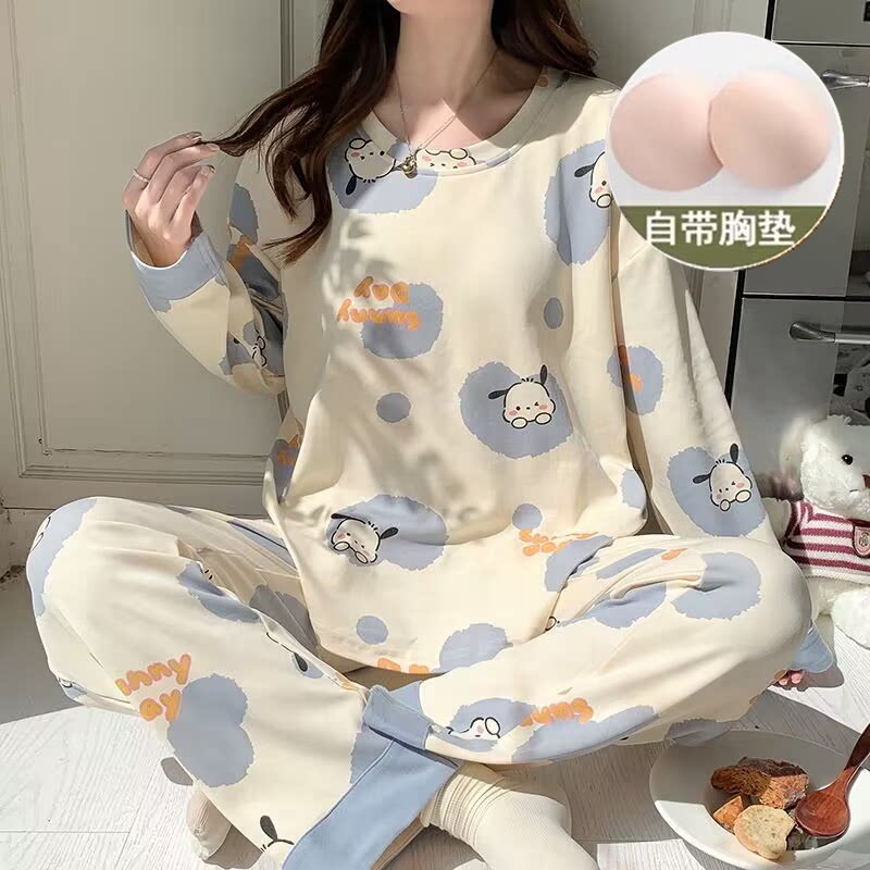 新款睡衣女春秋带胸垫一体长袖套装纯棉薄款可爱学生秋冬天家居服