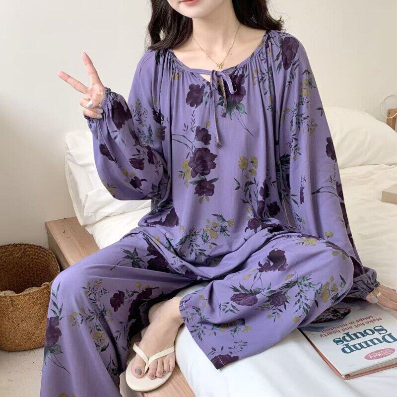 棉绸睡衣女夏季薄款长袖长裤人造棉套装空调服国风大码春秋家居服