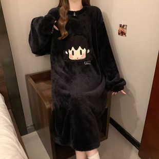新款珊瑚绒睡裙女士秋冬季加绒保暖甜美宽松法兰绒冬天孕妇连衣裙