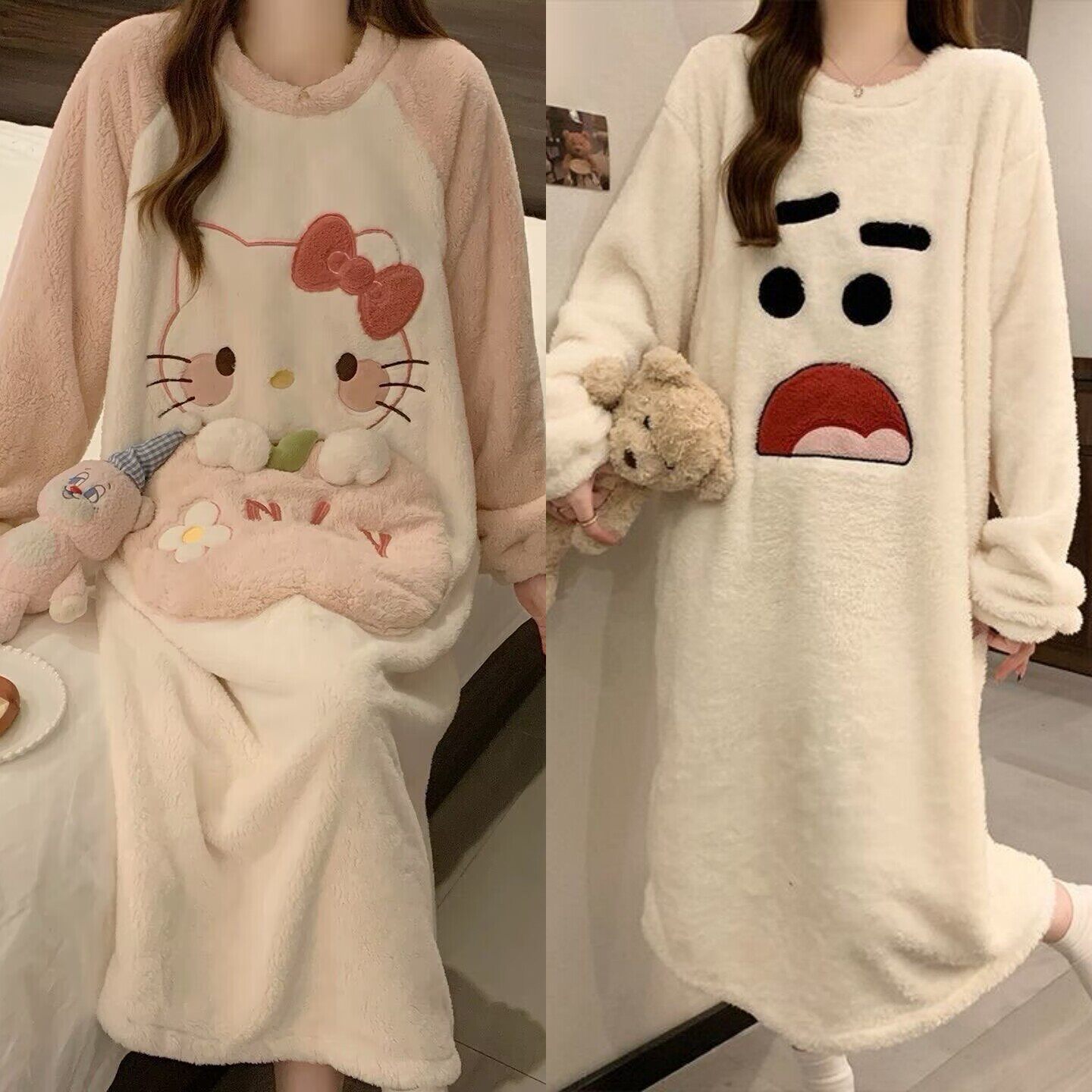 【买一送一】秋冬季珊瑚绒可爱猫咪睡裙女士加厚法兰绒睡衣连衣裙