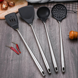 304不锈钢加长柄食品级硅胶锅铲不粘锅炒铲汤勺漏勺煎铲厨房家用
