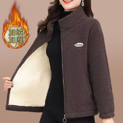 秋冬新款妈妈羊羔绒棉衣加绒加厚颗粒冬季外套大码女装宽松保暖衣
