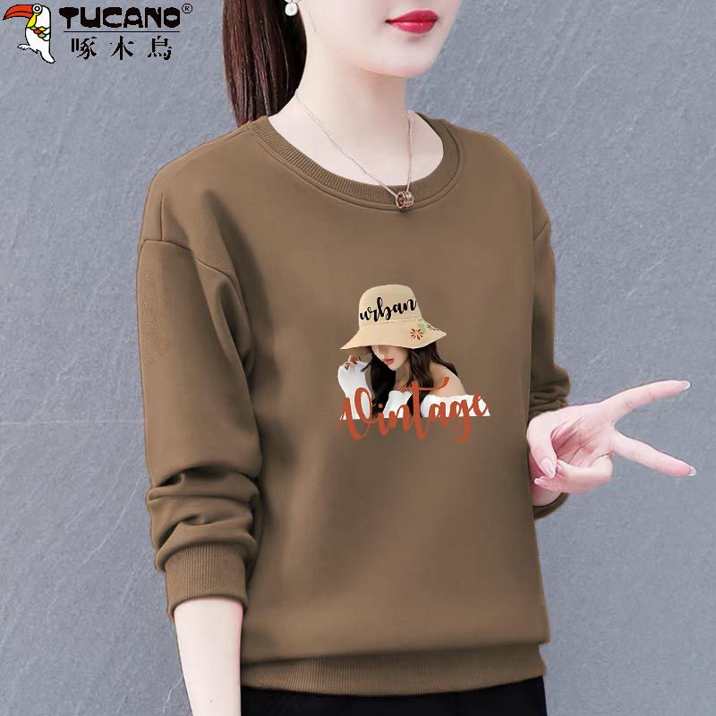 啄木鸟纯棉韩系加绒卫衣女2026新款时尚高档减龄显瘦圆领中年上衣