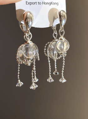 韩版水晶圆球流苏耳钉女设计感后挂式耳环新款小众潮流个性耳饰