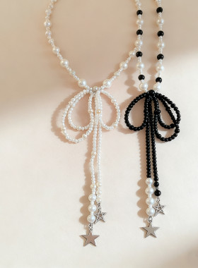 黑白珍珠蝴蝶结星星流苏项链颈链
