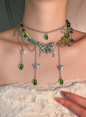 森系绿色水钻蝴蝶多层锁骨链