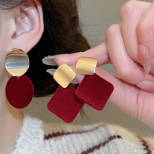 新款 复古气质耳环轻奢高级感小众耳饰 植绒方形椭圆形耳钉港风时尚