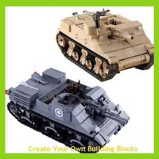 二战军事场景M7牧师自行火炮美军坦克拼装积木模型配件小颗粒玩具